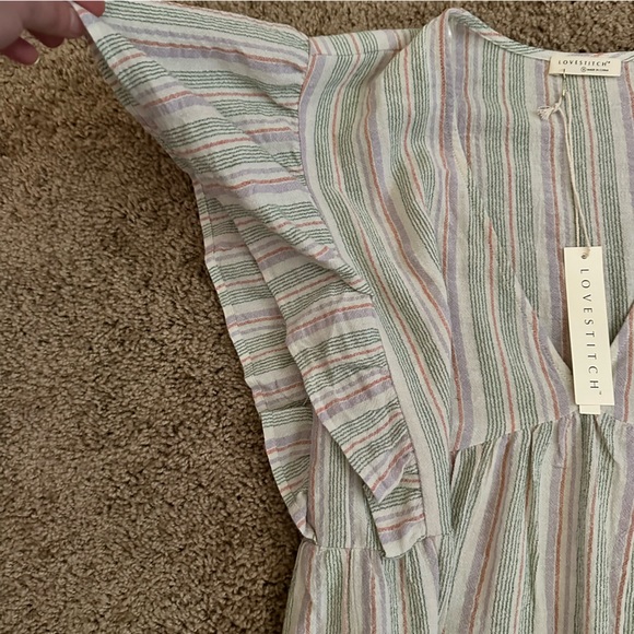 007.NWT Natural/Lilac/Green Stripe Babydoll V-Neck Dress - Picture 5 of 12